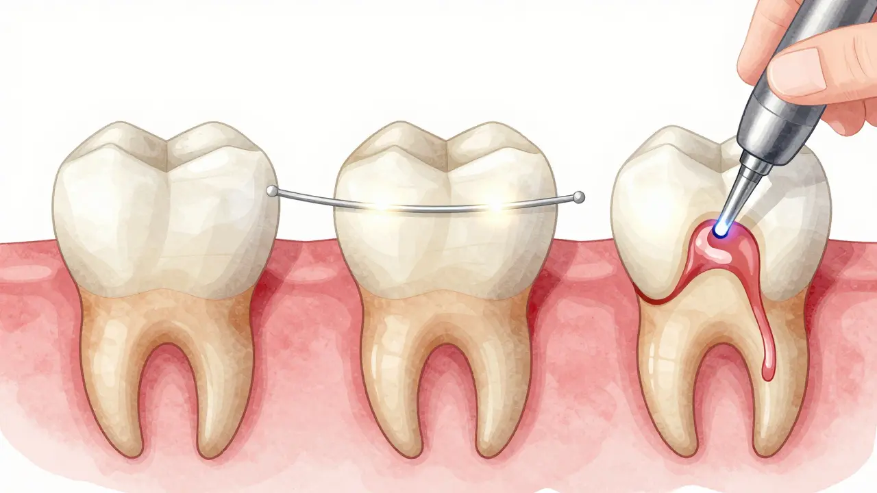 Tři zubní léčebné metody: vložky, kompozit a vnitřní bělení.