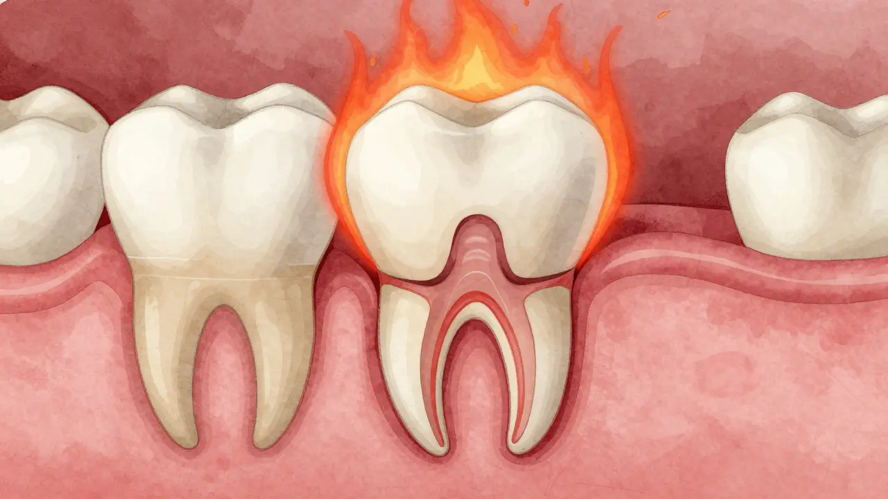 Vnitřní struktura zubu s čistěnými kanálky a zánětlivými tkání kolem kořene, stylizovaně vyobrazená.