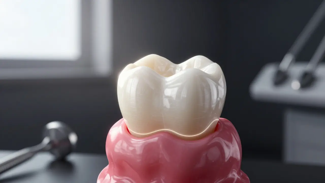 Zub s korunkou v ranním světle, s jemným zářivým výrazem uzdravení pod povrchem.