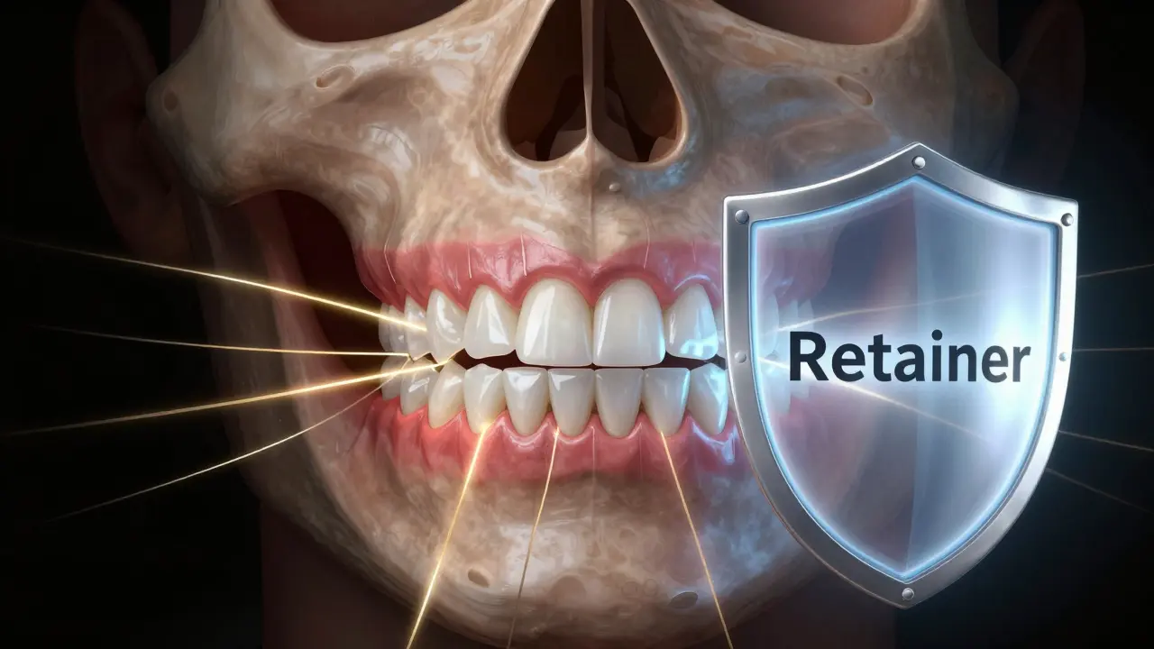 Zubní kost s stabilizujícími vlákny a ochranným retentorem proti zánětu.