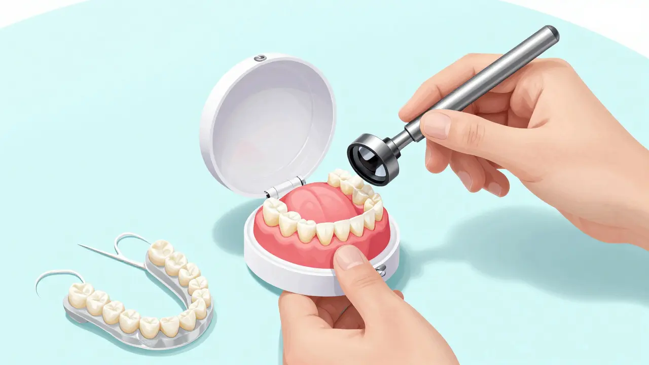 Zubní lékař prohlíží odlepenou fazetu a na stole leží noční štětice a zubní nit.