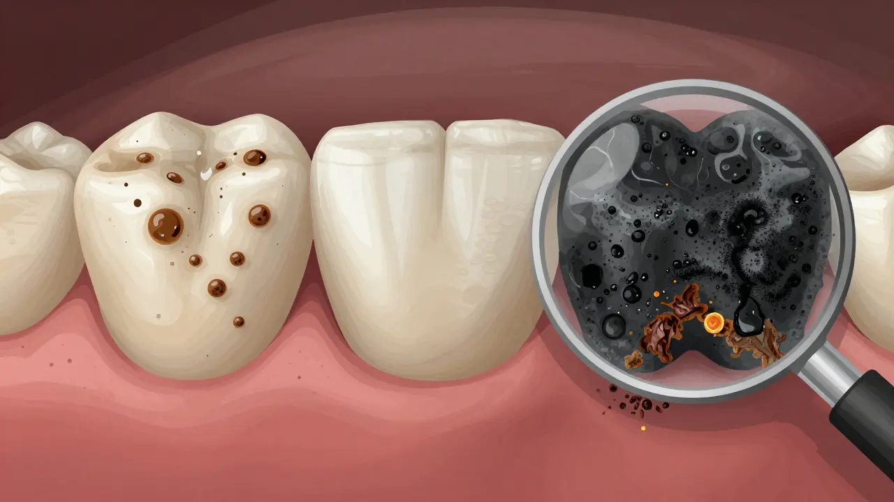 Zvětšený pohled na vývoj zubního kamene z plaku s tanniny a nikotinem.