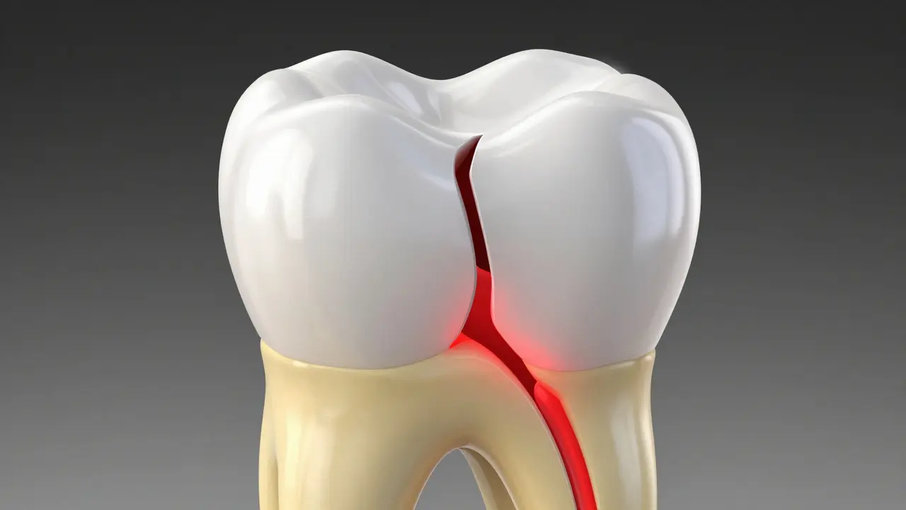 3D ilustrace hluboké praskliny v zubech pronikající až do dentinu.