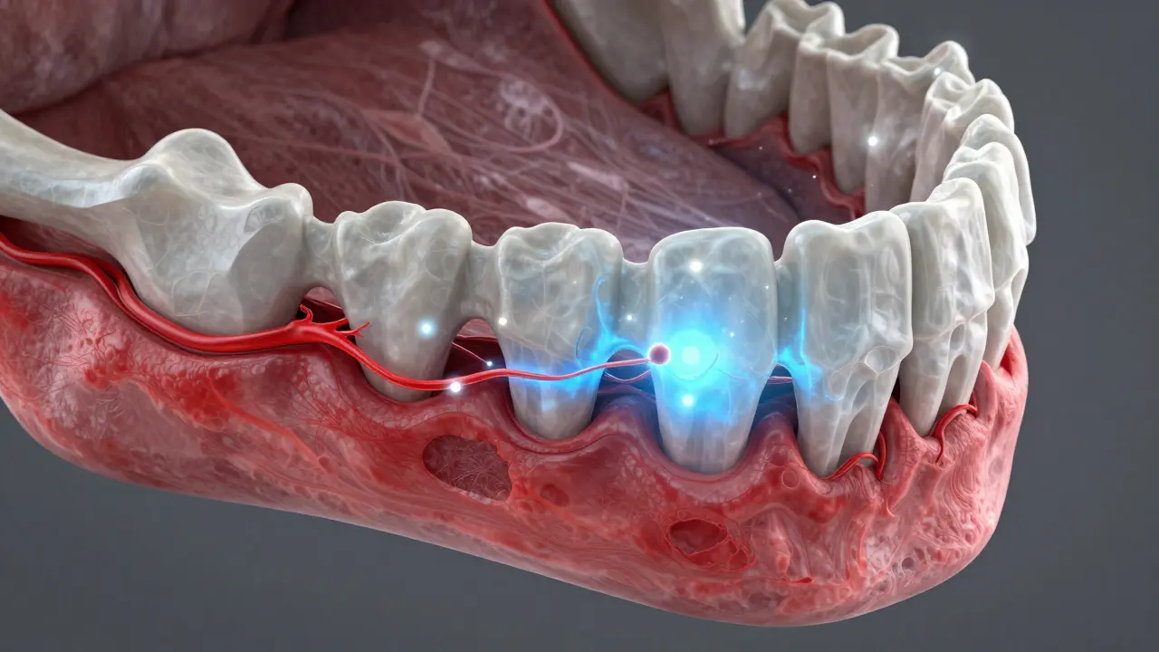 3D ilustrace průřezu čelistní kosti ukazující vliv radioterapie.
