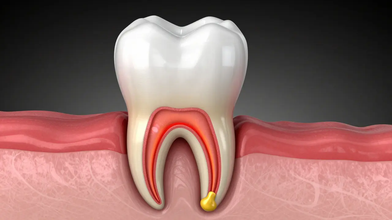 3D ilustrace průřezu zubu s červeným zánětem pulpy a hnisem u kořene.