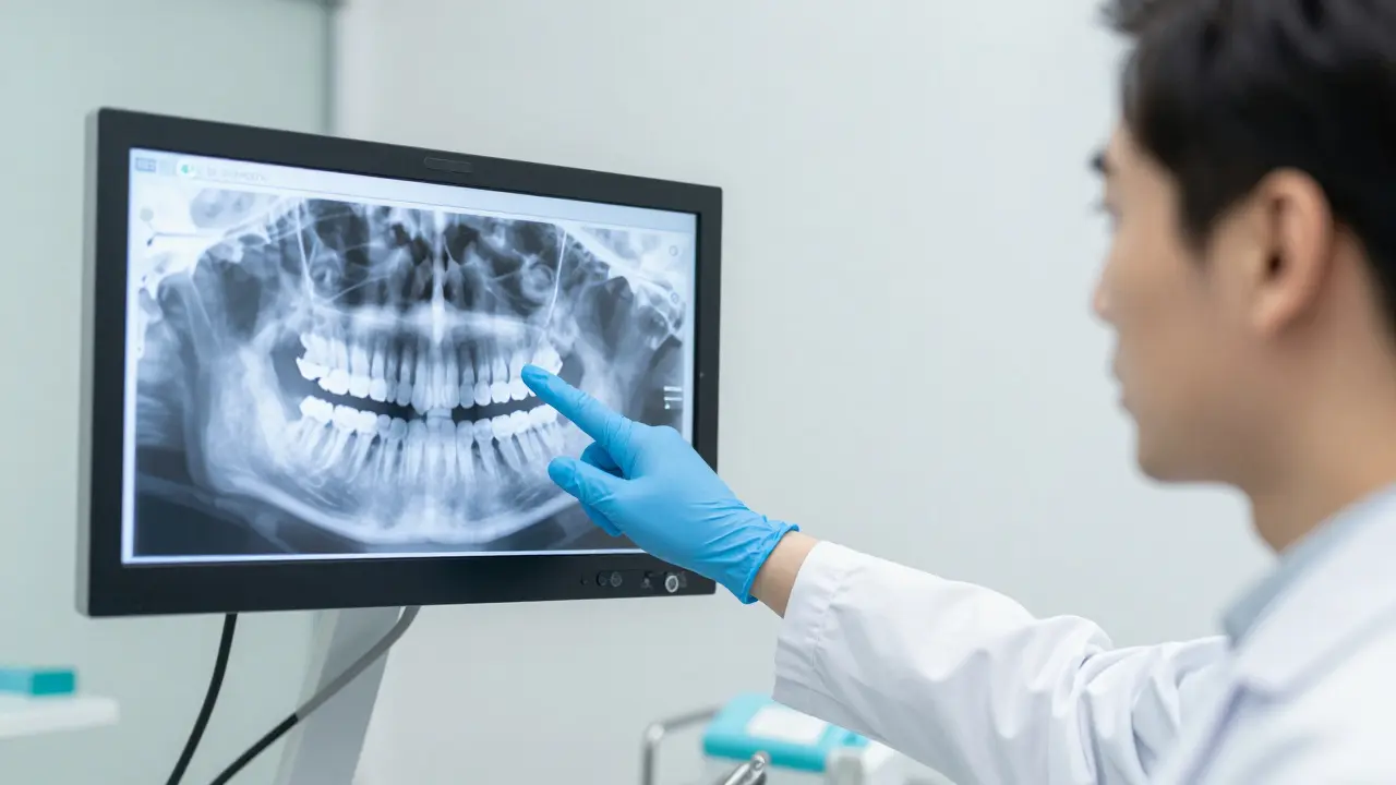 Dentista vysvětlující anatomii zubů pacientovi pomocí názorného schématu.