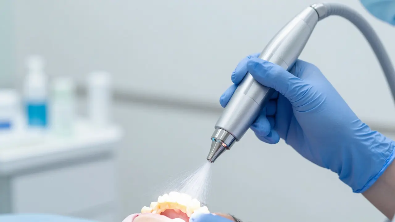 Detail profesionálního pískování zubů pomocí přístroje AirFlow v ordinaci.