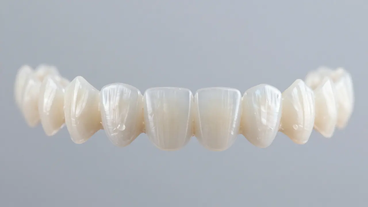 Detailní pohled na tenké keramické dentální fasety v minimalistickém stylu.