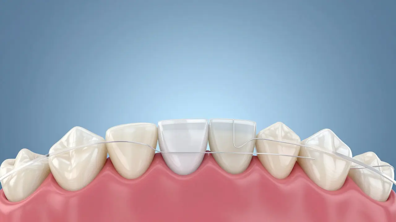 Ilustrace splintování zubů pomocí kompozitního materiálu a pásku.