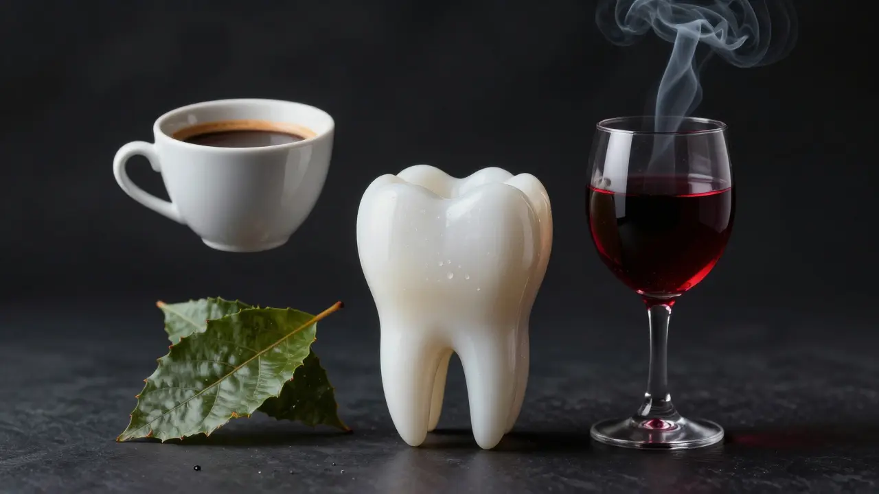 Kolaž bílého zubu obklopeného kávou, červeným vínem a cigaretovým kouřem.