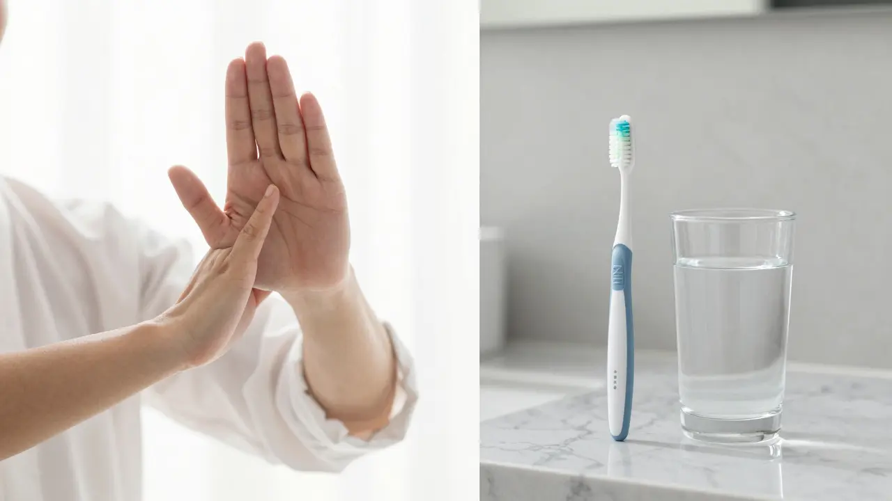 Kombinace ranního cvičení tai chi a moderních pomůcek pro zubní hygienu.