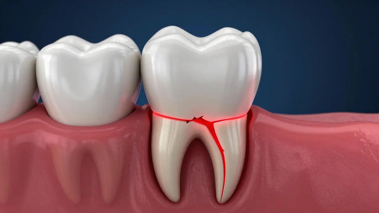 Konceptuální 3D zobrazení zubu s červenou prasklinou v kořeni pod dásní
