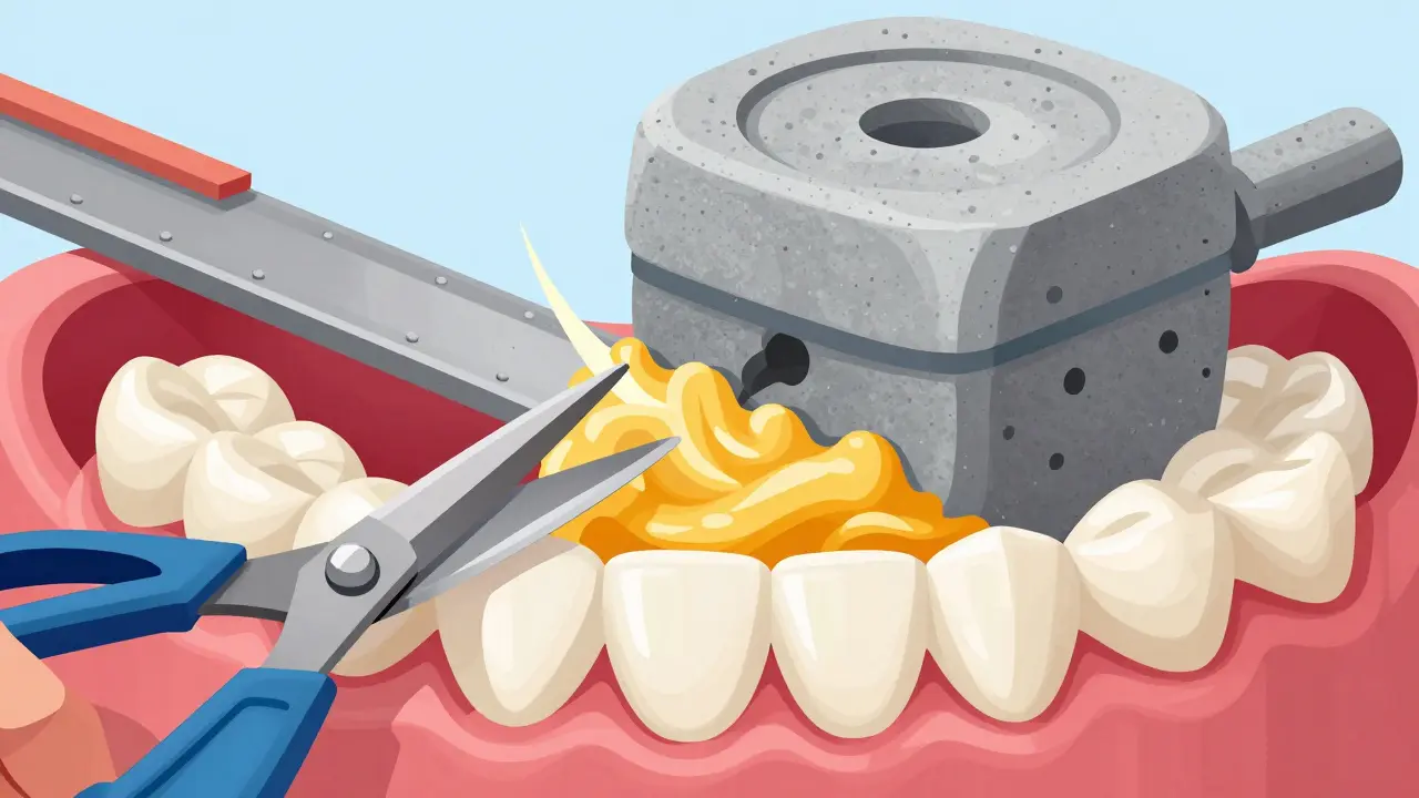 Konceptuální ilustrace molárů jako mlýnských kamenů drtících potravu