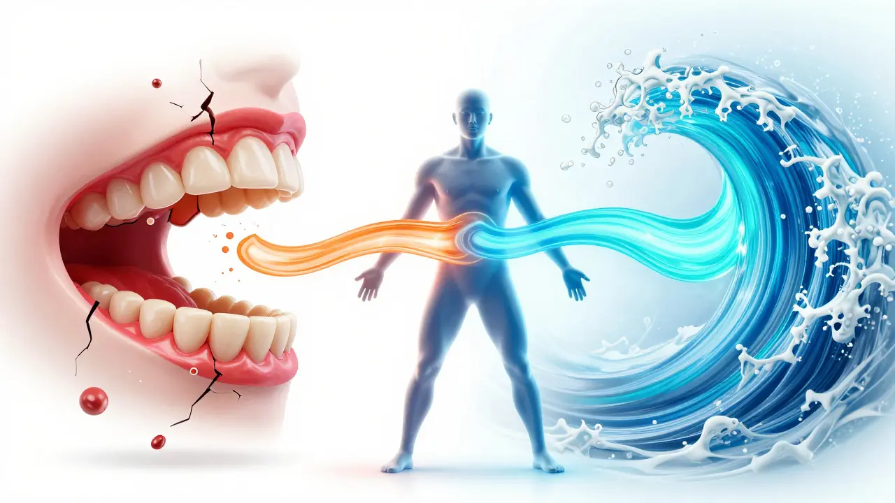 Konceptuální obraz znázornující přechod od stresu k vnitřní rovnovaze a energii qi.