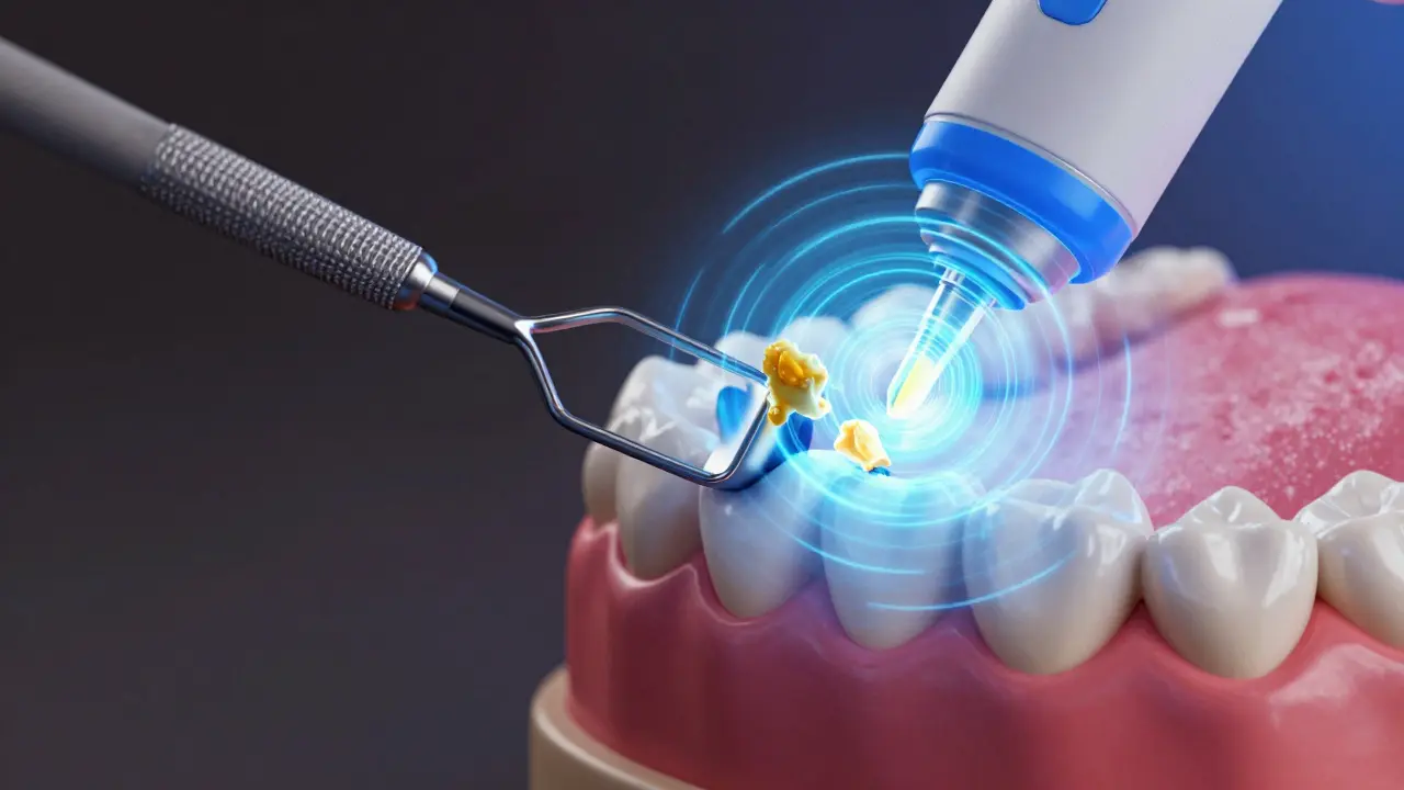 Konceptuální srovnání tradičního škrábání a moderních ultrazvukových vln