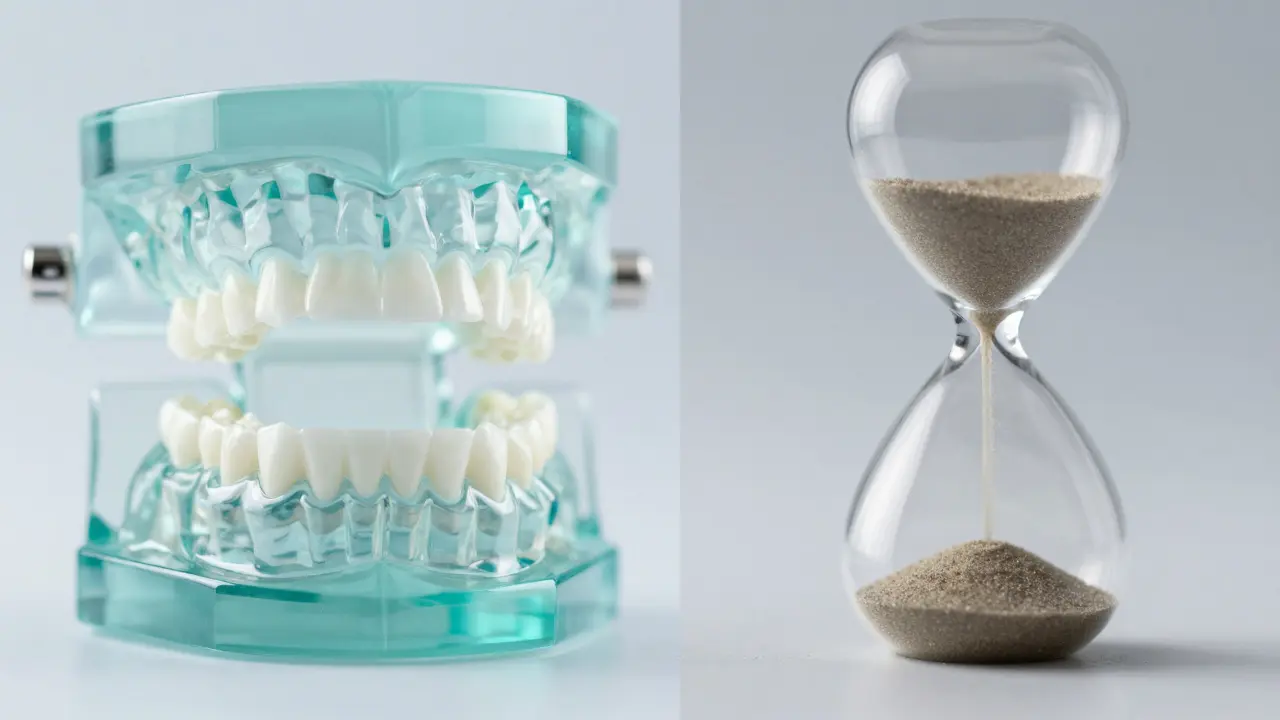 Konceptuální znázornění procesu tuhnutí otisku zubů s přesností a časem.