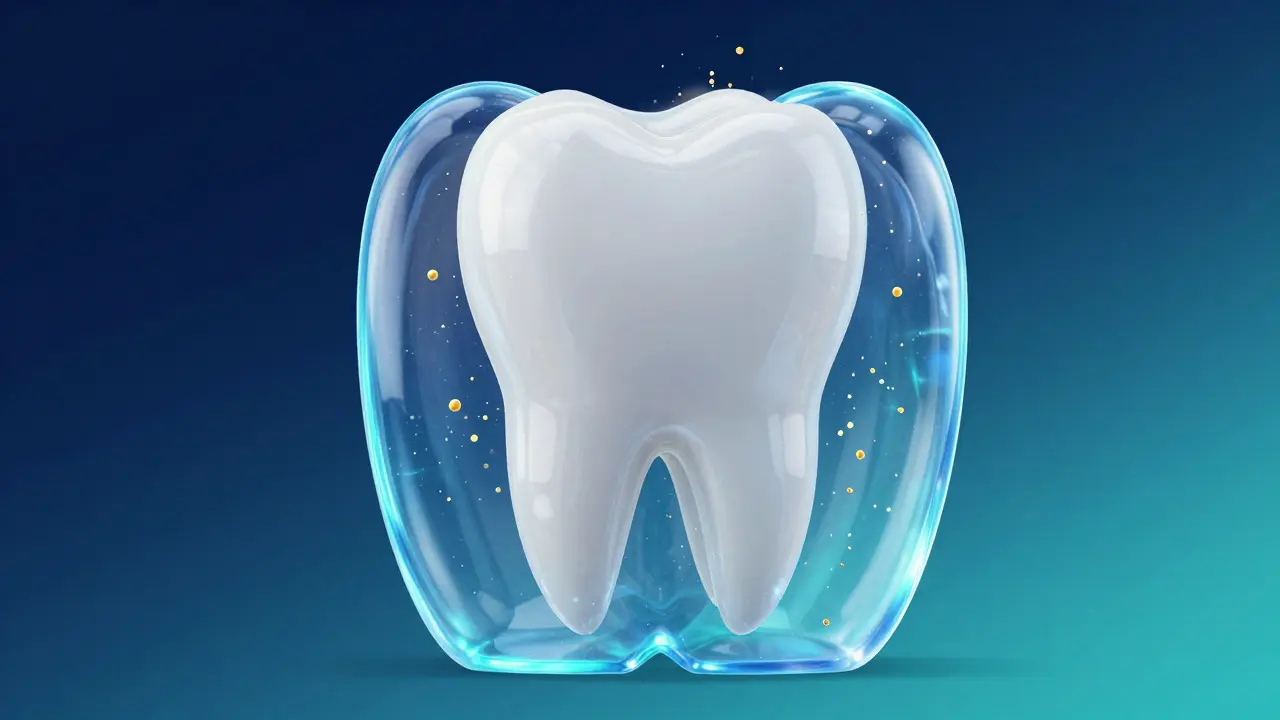 Konceptuální zobrazení ochranné vrstvy skloviny a působení bělících částic.