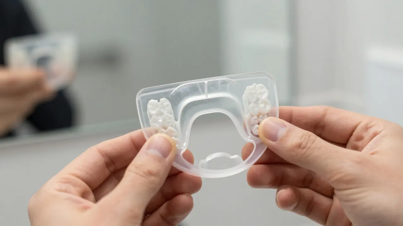 Kontrola hotového, přesného otisku zubů v zrcadle v koupelně.