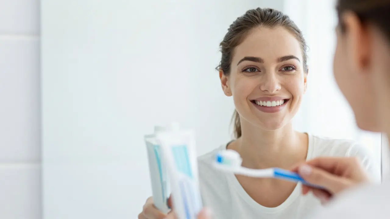 Krásný, zdravý a zářivě bílý úsměv osoby po ranním čištění zubů.