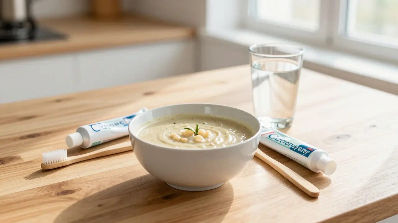 Mise polévky a měkký zubní kartáček jako doporučená péče po aplikaci korunek.