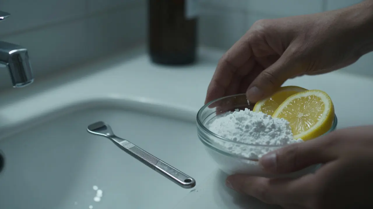 Nebezpečné domácí pomůcky jako kovová škrabka a citron vedle dásní.