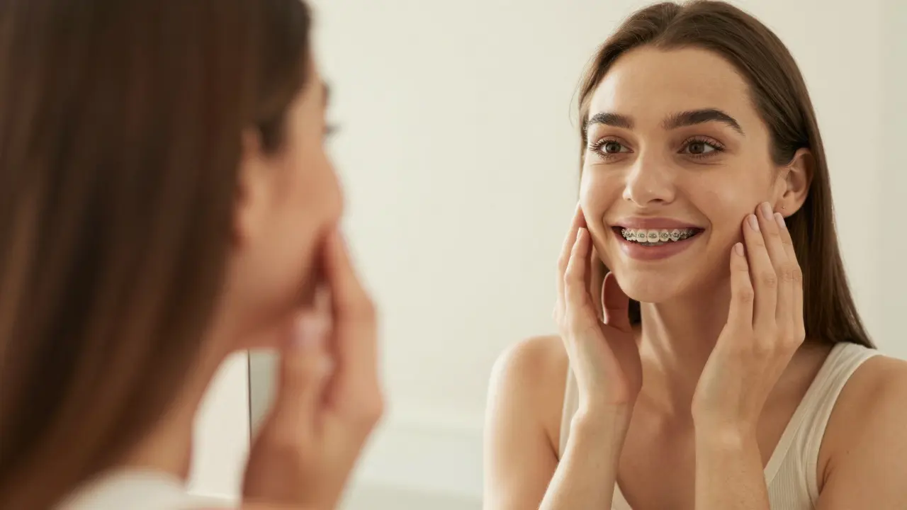 Osoba se usmívá do zrcadla a přemýšlí o výsledku ortodontické léčby.