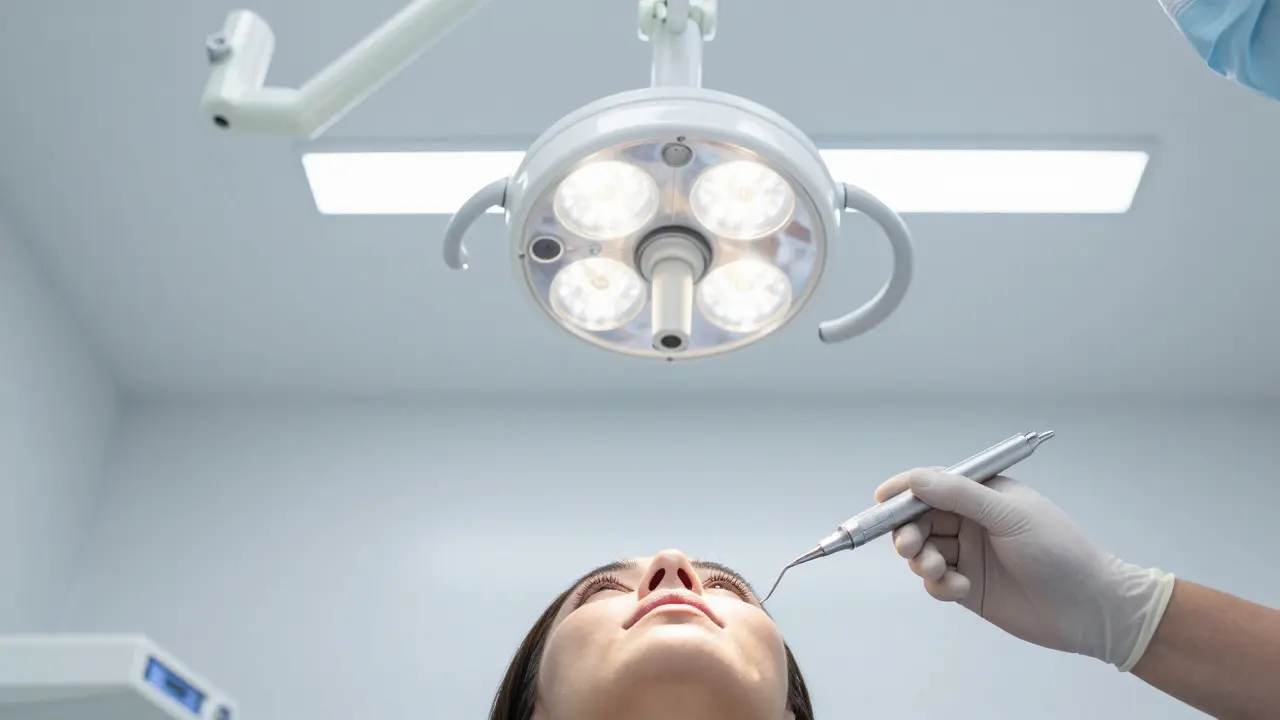  pohled na sterilní osvětlení a nástroje v moderní zubní ordinaci.