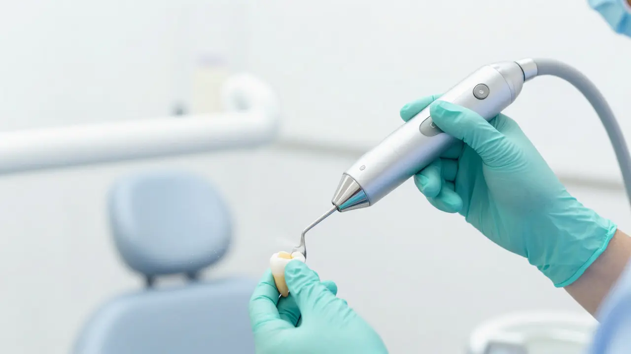 Profesionální ultrazvukové čištění zubního kamene v moderní ordinaci.