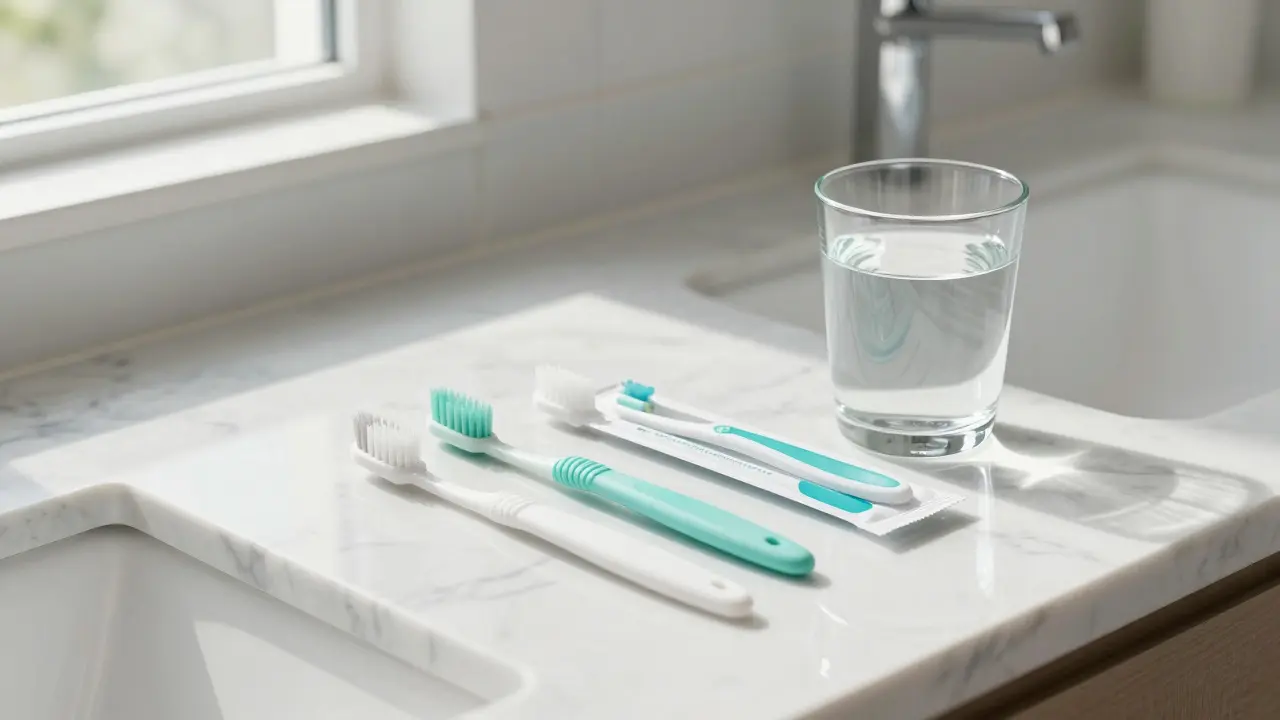 Sada pro prevenci: ultra-měkký kartáček a mezizubní kartáčky na mramoru.