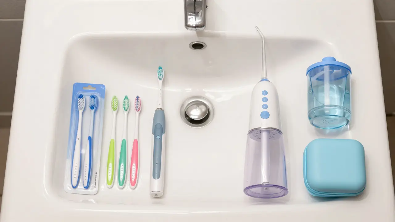 Sada pro ústní hygienu s irigátorem a mežizubními kartáčky na koupelnovém stole.