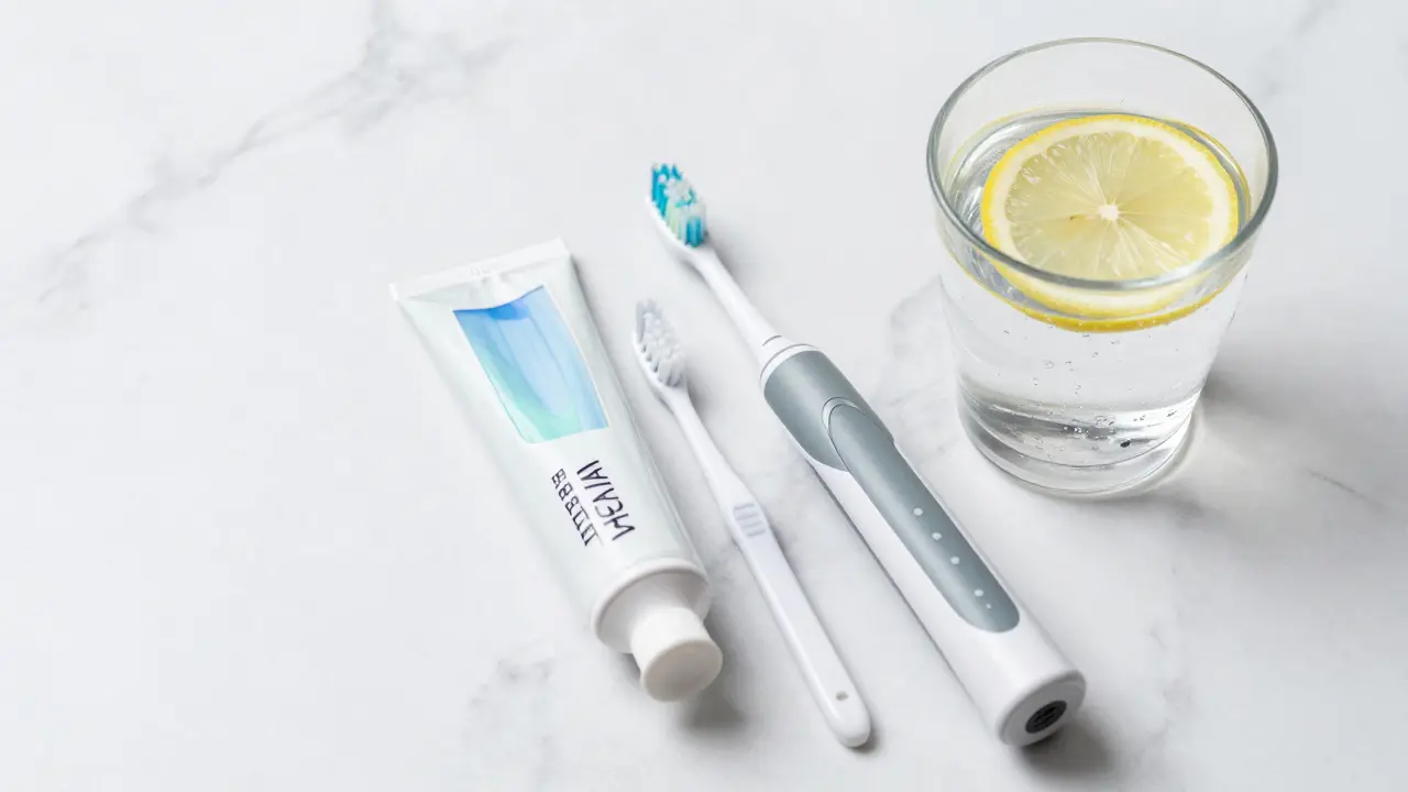 Sada pro zubní hygienu včetně elektrického kartáčku, bělící pasty a sklenice vody.