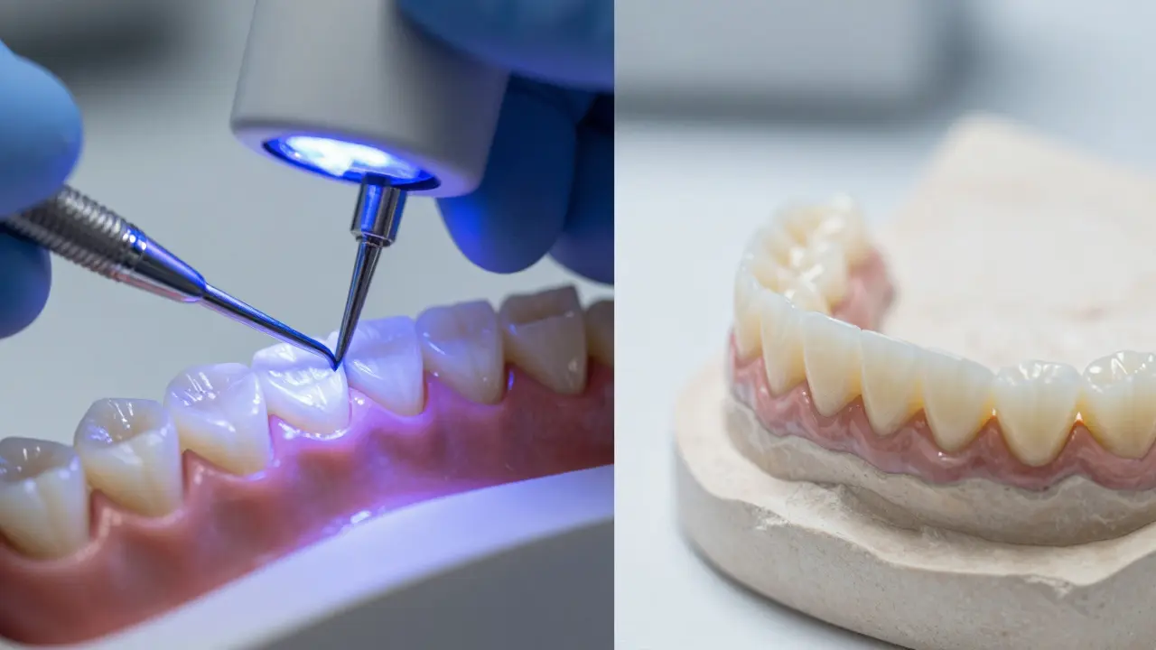 Srovnání procesu nanášení kompozitní hmoty a výroby keramické fasety v laboratoři.