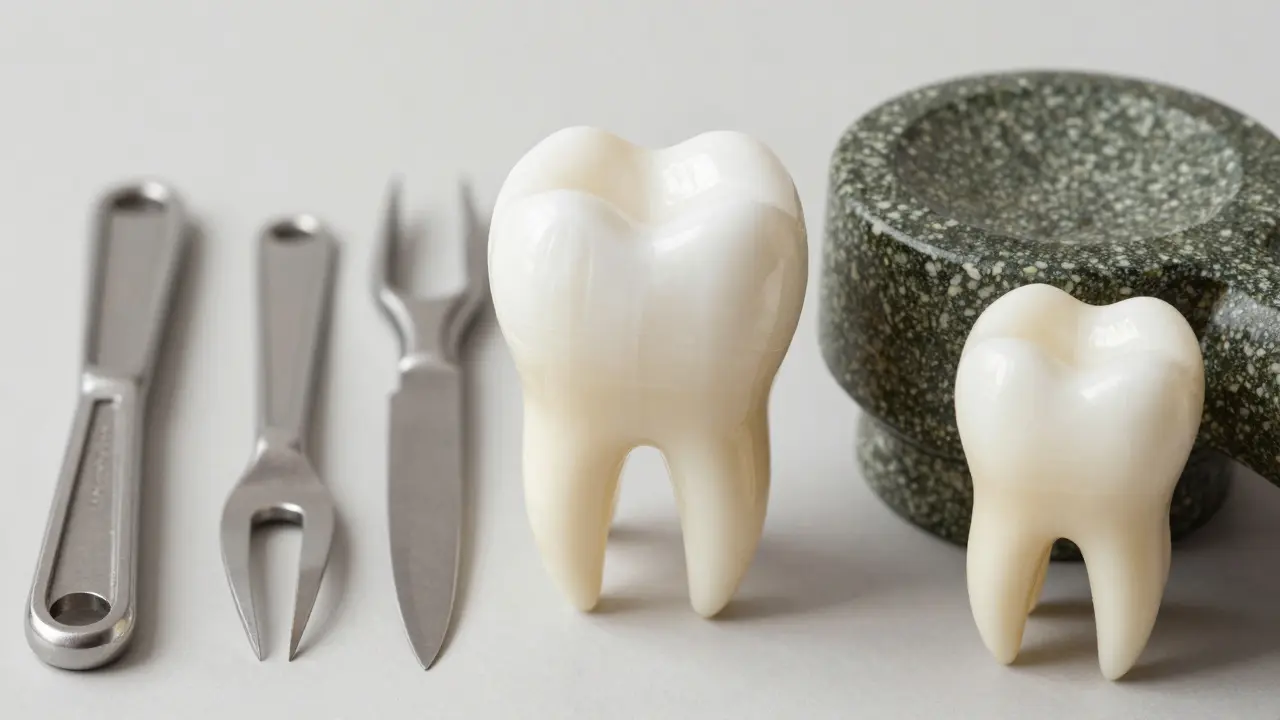 Srovnání tvarů zubů s kuchyňským náčiním pro vysvětlení jejich funkcí.