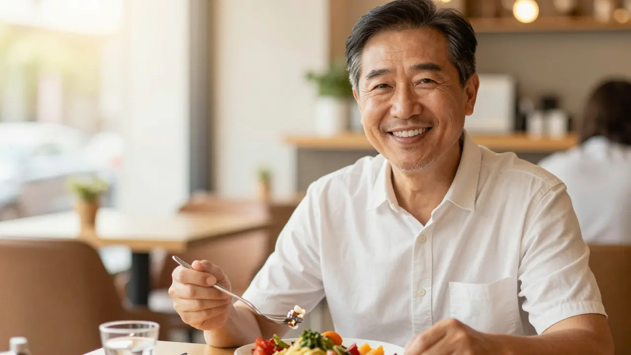 Šťastný člověk s přirozeným úsměvem při jídle v kavárně.