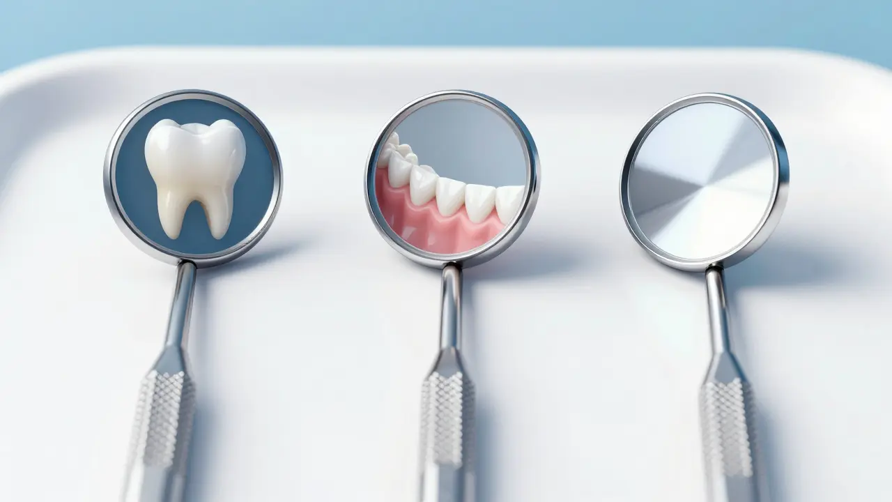 Tři typy dentálních zrcadel s různými povrchy na sterilním bílém podkladu.