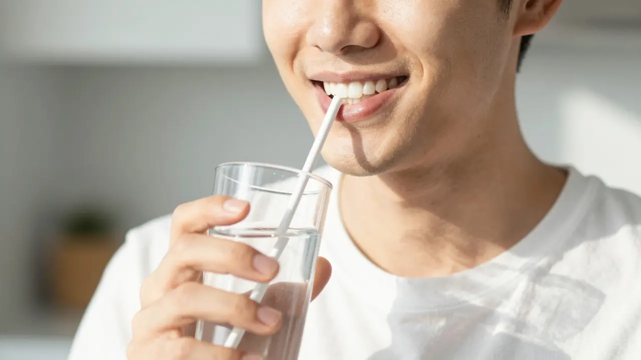 Usměv člověka s přirozeně čistými zuby pijícího vodu brčkou.