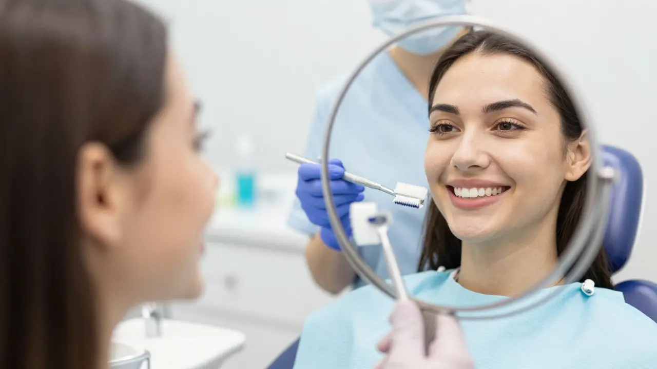 Usměv spokojeného pacienta v moderní zubní ordinaci po profesionální hygieně