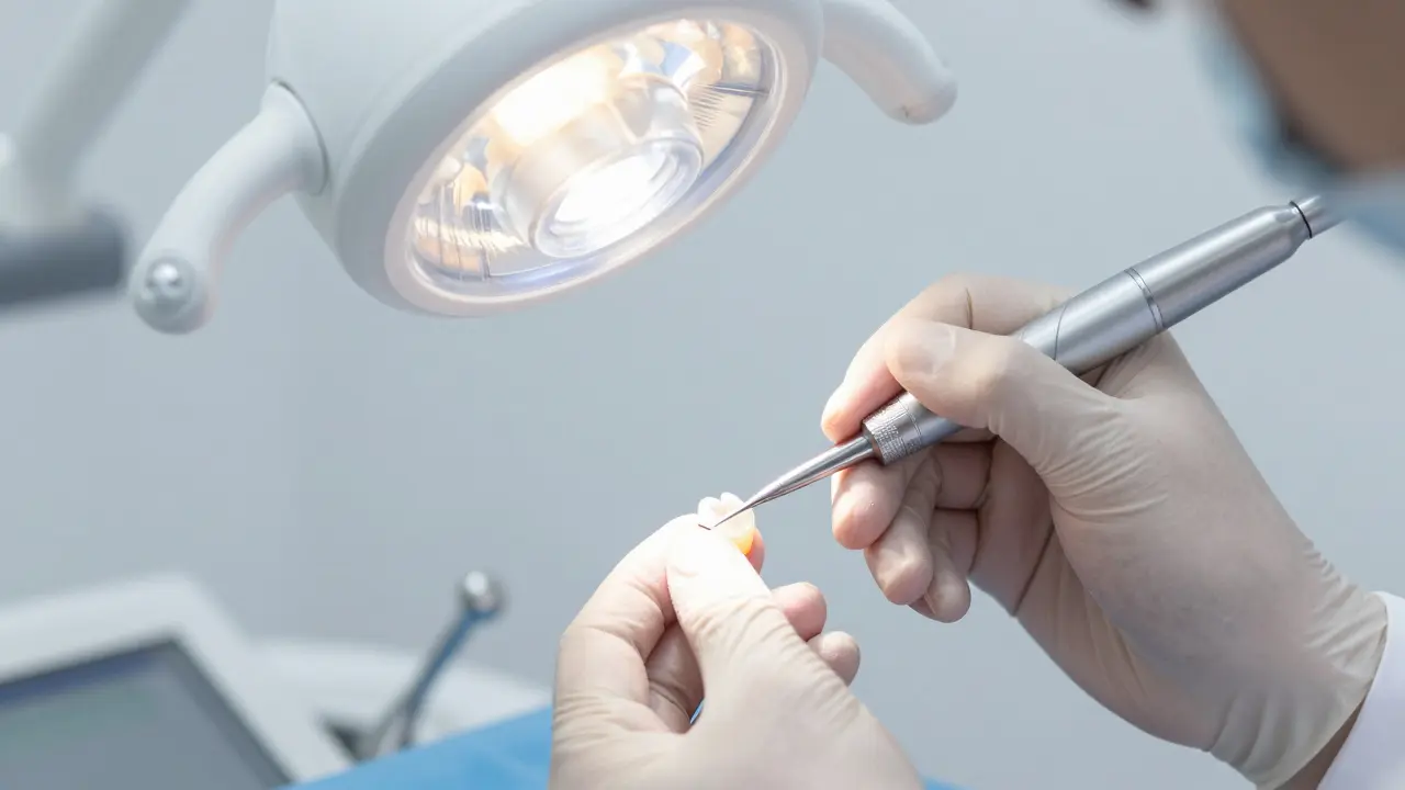 Zubní lékař nanáší estetickou kompozitní pryskyřici pro zakrytí zbarvení zubů.