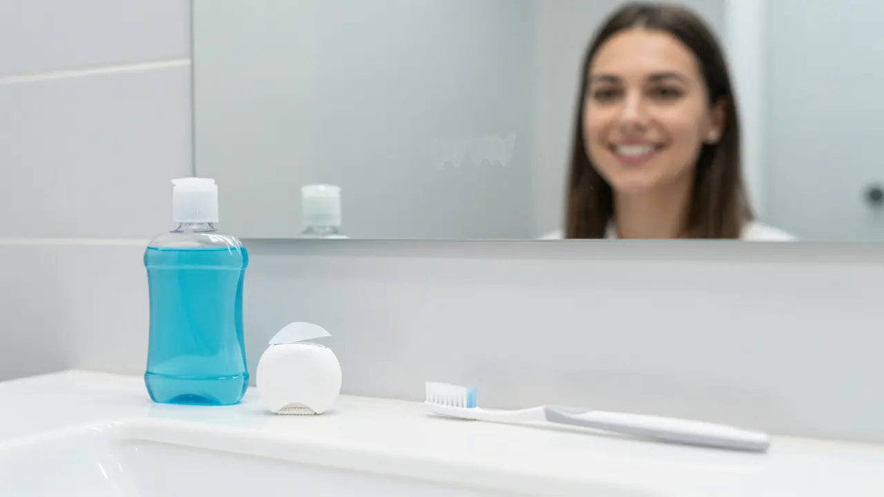 Hygienické potřeby a zrcadlo připravené pro estetickou stomatologii