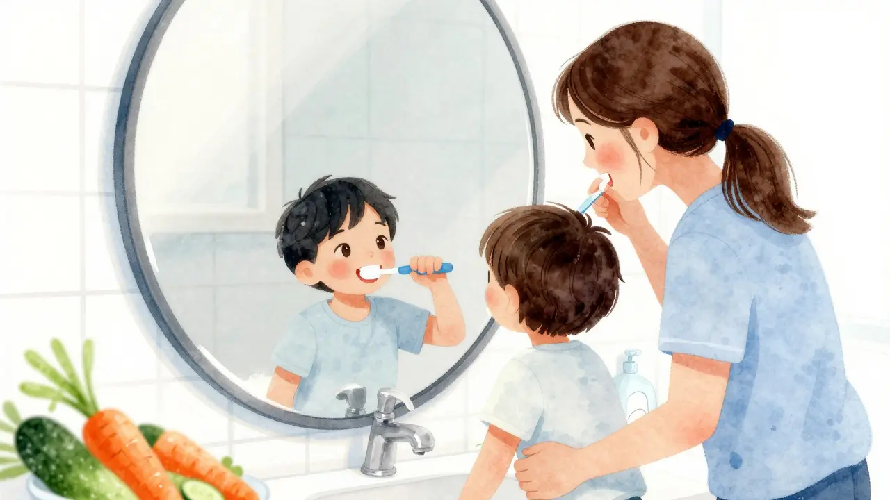 Ilustrace rodiče pomáhajícímu dítěti s čištěním zubů