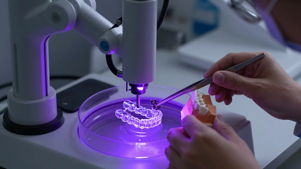 Laboratoř s 3D tiskárnou na rovnátka a technikem montujícím brackety