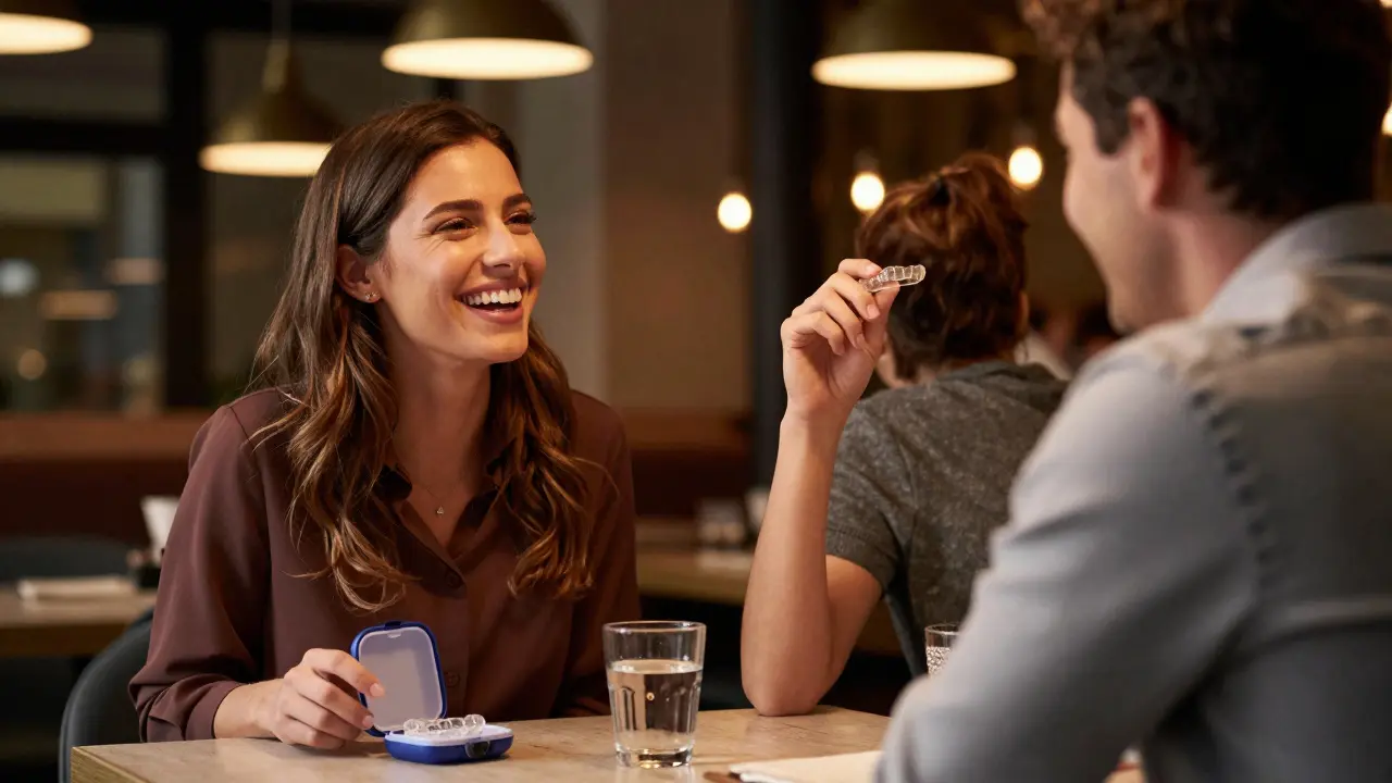 Pár na rande v restauraci, žena se směje s nasazenými rovnátky
