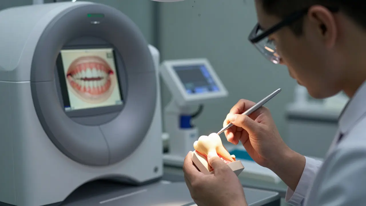 Technik maluje detaily na keramický zub v laboratoři