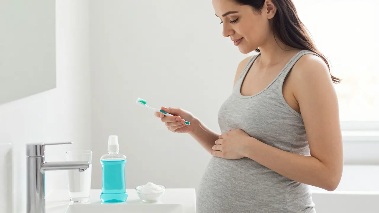 Těhotná žena provádí domácí ústní hygienu s měkkým kartáčkem
