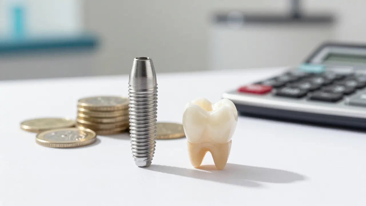 Titanový zubní implantát a korunka vedle mincí a kalkulačky symbolizující cenu