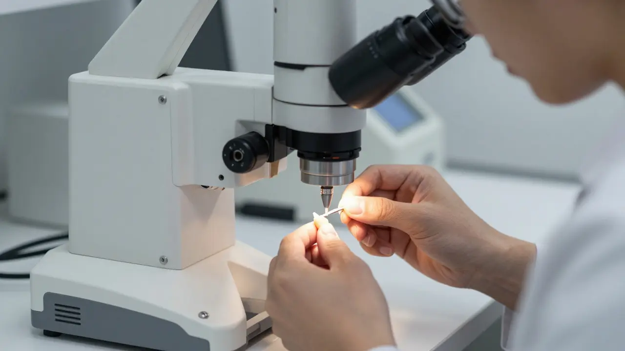 Zubní technik zpracovává keramickou náhradu v laboratoři