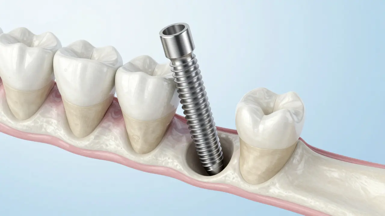 Anatomický řez ukazující titanový implantát integrovaný v čelistní kosti