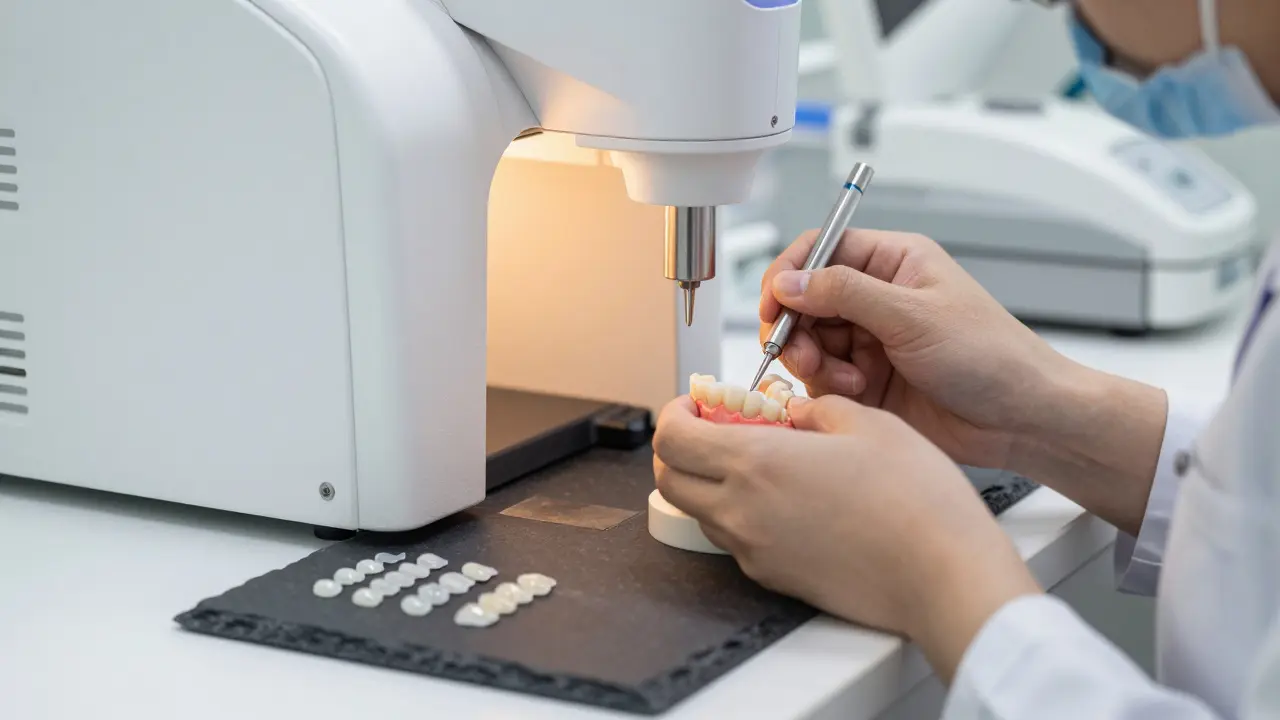 Dentální laboratoř s technikem připravujícím keramické fazety na stroji