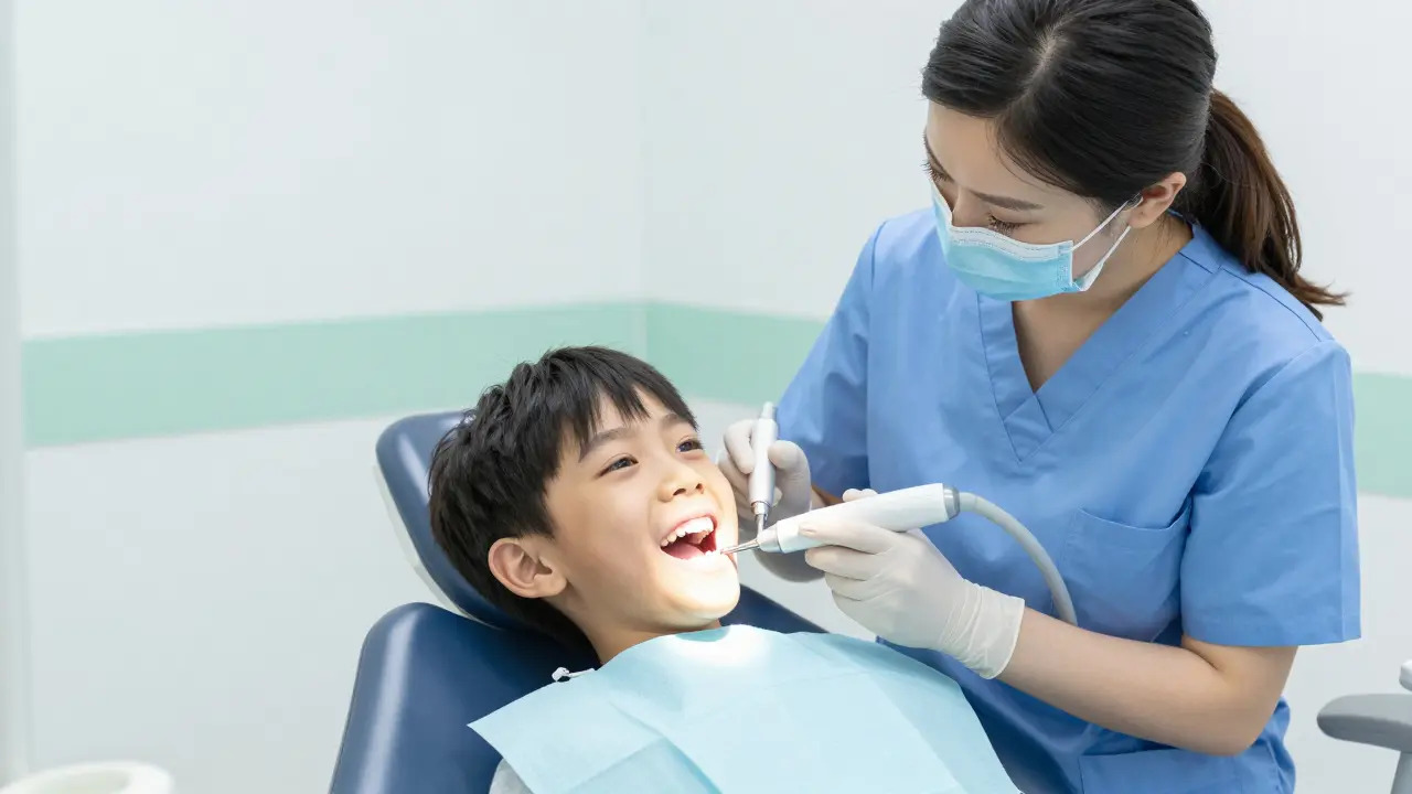 Dítě u dentálního hygienika při čištění