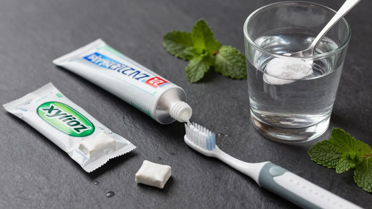 Doma příprava na péči o zuby: fluoridová pasta, xylitol a soda bikarbóna